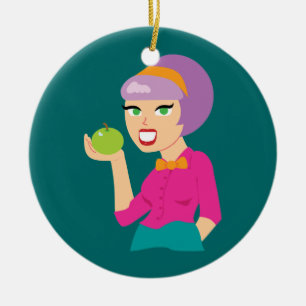 Ornamento De Cerâmica Menina de Retro de Maçã Fresca