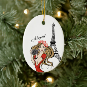 Ornamento De Cerâmica Menina e Torre Eiffel Preta, Natal Vermelho