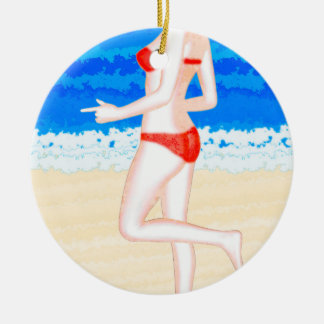 Ornamento De Cerâmica Menina em Bikini no quadro em praia