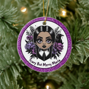 Ornamento De Cerâmica Menina Gótica Roxa Floral Sombrio Creepmas Natal