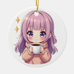 Ornamento De Cerâmica Menina Kawaii e Aconchegante de Café – Adesivo Est