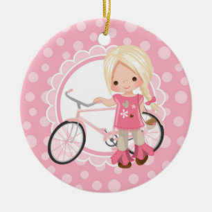 Ornamento De Cerâmica Menina loura da bicicleta - branco cor-de-rosa