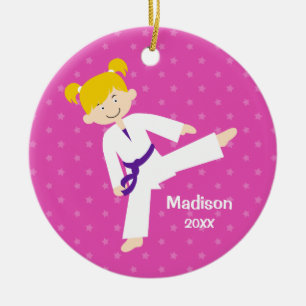 Ornamento De Cerâmica Menina loura roxa de Taekwondo das estrelas