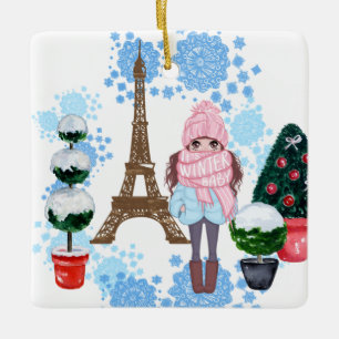 Ornamento De Cerâmica Menina personalizada na Torre Eiffel de inverno em