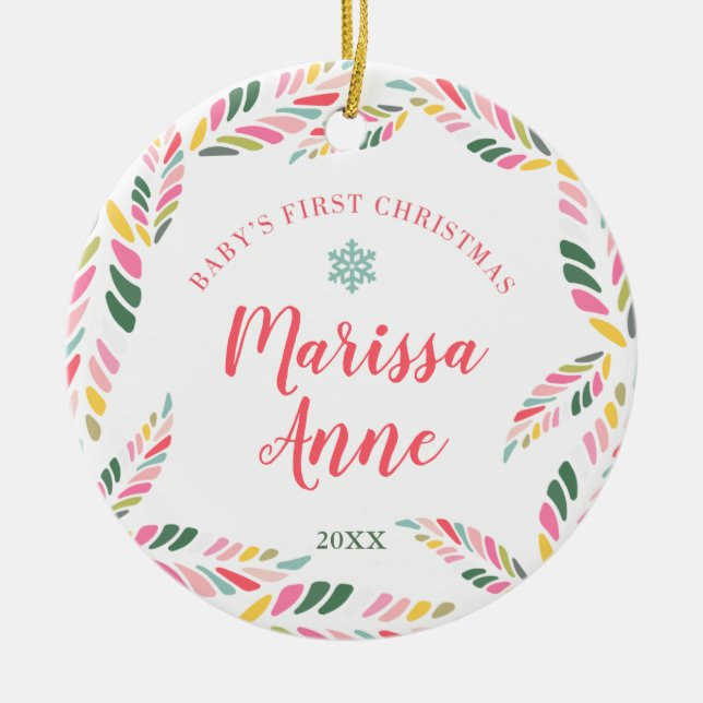 Ornamento De Cerâmica Menina Personalizada no Primeiro Natal Personaliza (Frente)