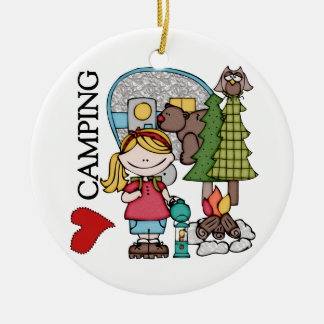 Ornamento De Cerâmica Menina que do cabelo louro eu amo acampar