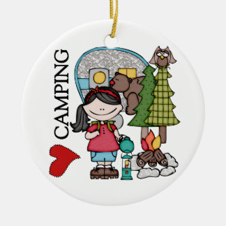 Ornamento De Cerâmica Menina que do cabelo preto eu amo acampar