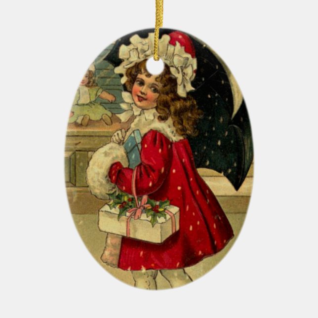 Ornamento De Cerâmica Menina que leva um presente do Natal (Frente)