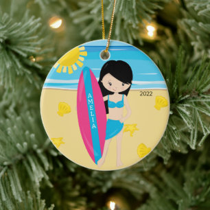 Ornamento De Cerâmica Menina Surfista de Cabelo Preto Fofa Personalizada