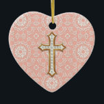 Ornamento De Cerâmica Menina transversal dourada Dourado do laço do<br><div class="desc">NOTA: Este é um design impresso plano. Não há nenhuma camada levantada, jóia ou umas camadas dimensionais nele. Tudo foi criado gràfica para olhar muito realístico. PALETA DE CORES: coram o rosa cor-de-rosa e brandamente fora do branco com olhar do metal do ouro. COLEÇÃO DO DESIGN: Este do cristão comunhão...</div>