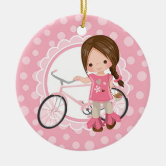 Ornamento De Cerâmica Menina triguenha da bicicleta - branco cor-de-rosa
