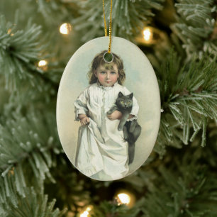 Ornamento De Cerâmica Menina Vitoriana Antiga em Camisola com seu Gato