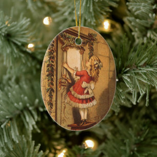Ornamento De Cerâmica Menina Vitoriana de Natal Antigo Pendurando uma Gr