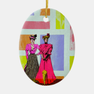 Ornamento De Cerâmica Meninas de Gibson em um teste padrão de Mondrian