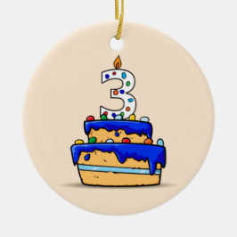 Ornamento De Cerâmica Menino Aniversário de 3 anos, 3 no Bolo Azul Doce