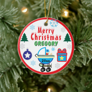 Ornamento De Cerâmica Menino Árvores de Natal NOME Carruagem Azul