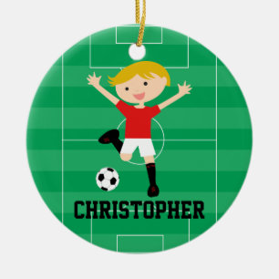 Ornamento De Cerâmica Menino customizável 1 do futebol vermelho e branc