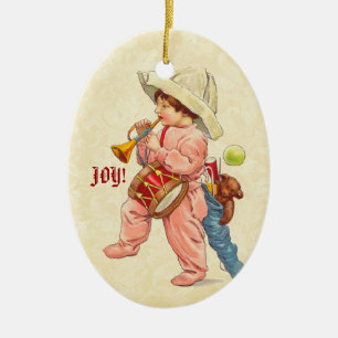 Ornamento De Cerâmica Menino do natal vintage que marcha com cilindro da