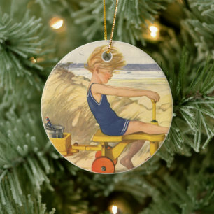 Ornamento De Cerâmica Menino do vintage que joga na praia com brinquedos