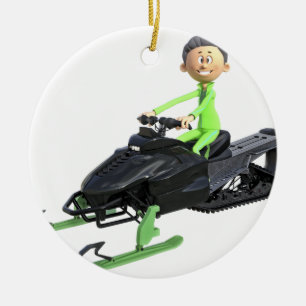 Ornamento De Cerâmica Menino dos desenhos animados em um Snowmobile