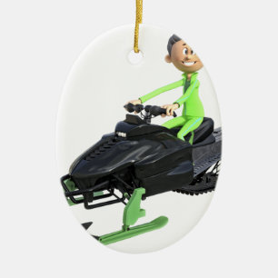 Ornamento De Cerâmica Menino dos desenhos animados em um Snowmobile