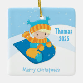 Ornamento De Cerâmica Menino no trenó, Natal