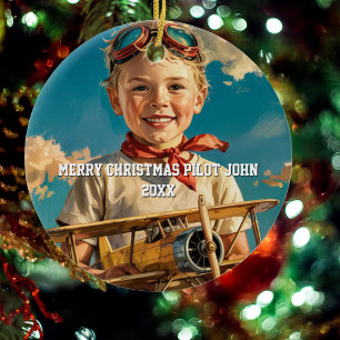 Ornamento De Cerâmica Menino Piloto Aviador & Avião de Brinquedo NATAL P