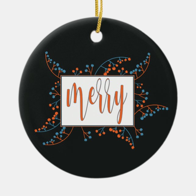 Ornamento De Cerâmica Mensagem da Feliz moderna amoras azuis laranja Nat (Frente)