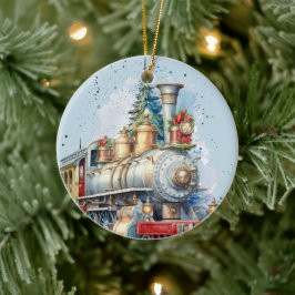 Ornamento De Cerâmica mensagem de adição de trem de Natal com aquarela