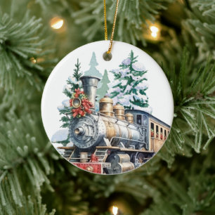 Ornamento De Cerâmica mensagem de adição de trem de Natal com aquarela