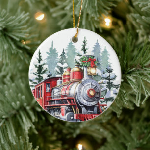 Ornamento De Cerâmica mensagem de adição de trem de Natal com aquarela