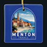 Ornamento De Cerâmica Menton France Viagem Art Vintage<br><div class="desc">Design de viagem de vetor retrô de Menton. Menton é uma cidade na Riviera francesa,  no sudeste da França. É conhecido por praias e jardins como o jardim Serre de la Madone.</div>