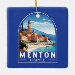 Ornamento De Cerâmica Menton France Viagem Art Vintage<br><div class="desc">Design de viagem de vetor retrô de Menton. Menton é uma cidade na Riviera francesa,  no sudeste da França. É conhecido por praias e jardins como o jardim Serre de la Madone.</div>
