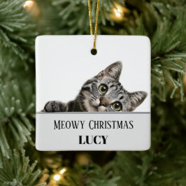 Ornamento De Cerâmica Meowy Christmas Custom Cat Photo & Name Ornament