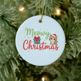 Ornamento De Cerâmica Meowy Christmas - Cute Cat & Gift Box Holiday