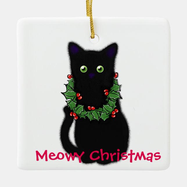 Ornamento De Cerâmica Meowy Christmas | presente para amantes de gatos | (Frente)