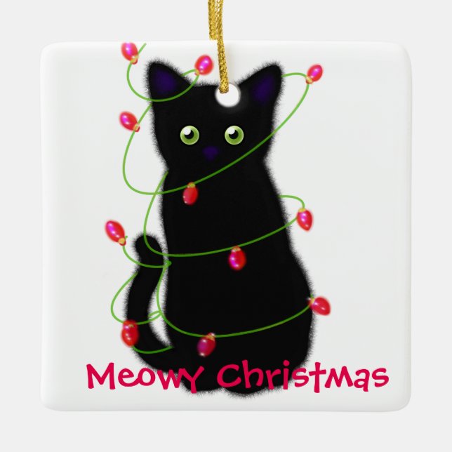Ornamento De Cerâmica Meowy Christmas | presente para animais de estimaç (Frente)