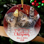 Ornamento De Cerâmica Meowy Natal duas fotos divertidas amante de gatos<br><div class="desc">Ideal para qualquer amante de gato, este Enfeites de natal de dois lados apresenta uma legenda divertida de "Natal Feliz", decorada com orelhas de gato adoráveis e flocos de neve. Personalize facilmente este ornamento com duas das fotografias do seu gato favorito, o(s) nome(s) do(s) seu(s) gato(s) e o ano atual....</div>