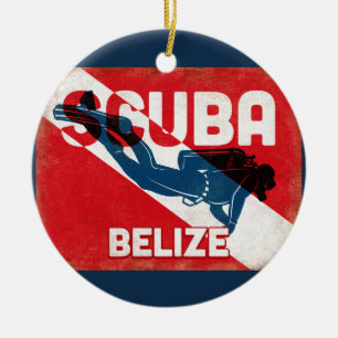 Ornamento De Cerâmica Mergulhador Belize Scuba - Retro Azul