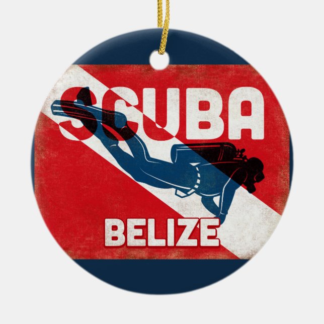 Ornamento De Cerâmica Mergulhador Belize Scuba - Retro Azul (Frente)