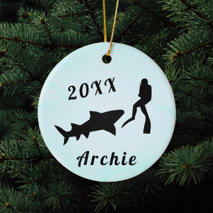 Ornamento De Cerâmica Mergulho submarino do mar de Scuba e tubarão   