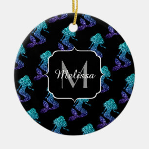 Ornamento De Cerâmica Mermaid azul aqua ombre Padrão de brilho Monograma