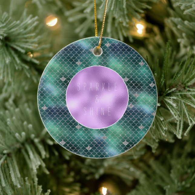 Ornamento De Cerâmica Mermaid Silver Teal Ocean Glitz (Árvore)