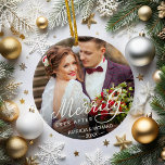 Ornamento De Cerâmica Merrily Ever Após o Natal Recém-Casado<br><div class="desc">O ornamento personalizado de fotos de feriado para recém-casados apresenta uma foto favorita de casamento em cada lado,  com "Merrily Ever After" sobreposta em caligrafia branca. Personalize com seus nomes e data do casamento.</div>
