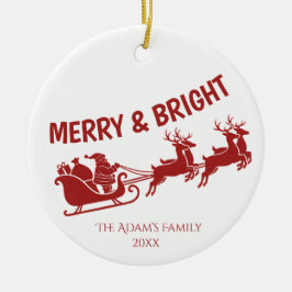 Ornamento De Cerâmica Merry and Bright Santa Sleigh Christmas Photo
