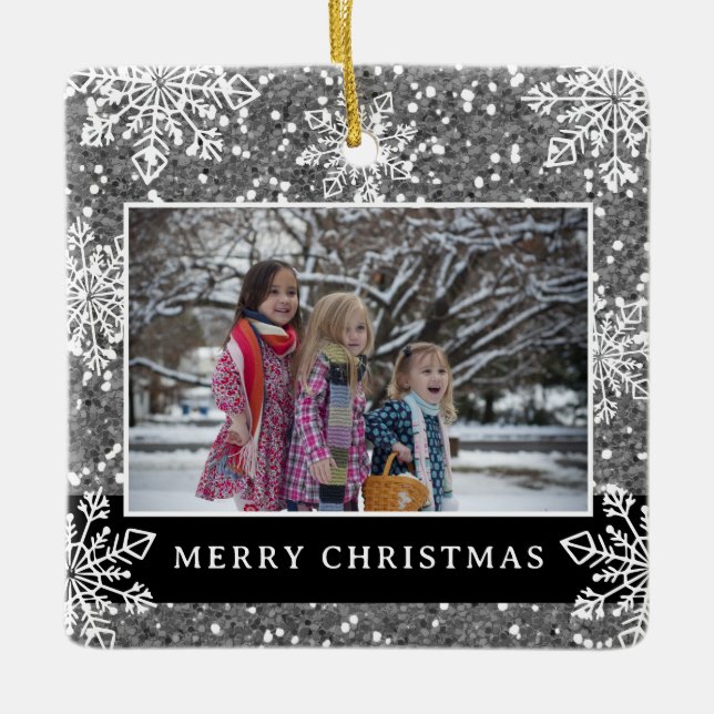 Ornamento De Cerâmica Merry Christmas 2 Photo Silver Glitter Snowflakes (Frente)