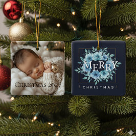 Ornamento De Cerâmica Merry Christmas - Blue Dark Floral Elegance