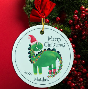 Ornamento De Cerâmica Merry Christmas Dinosaur Name