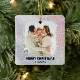 Ornamento De Cerâmica Merry Christmas Family Photo Pink Glitter Ornament