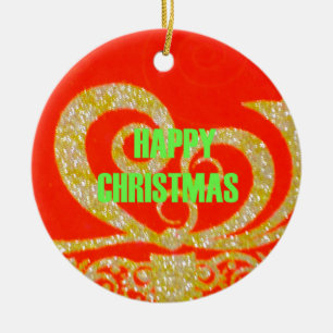Ornamento De Cerâmica Merry Christmas Golden Red Snowflex.jpg